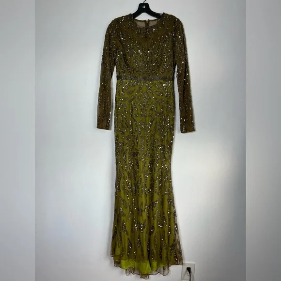 NWT Mac Duggal Olive Green Beaded Long Sleeve Evening Gown